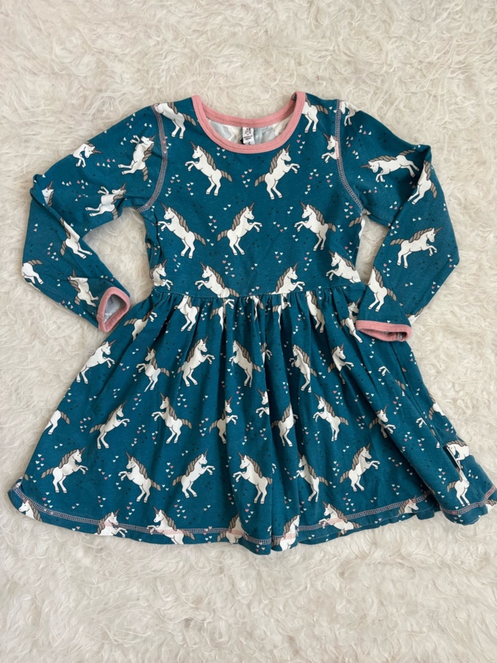 Maxomorra Whimsical Girl’s Unicorn AOP Teal Long Sleeve Dress